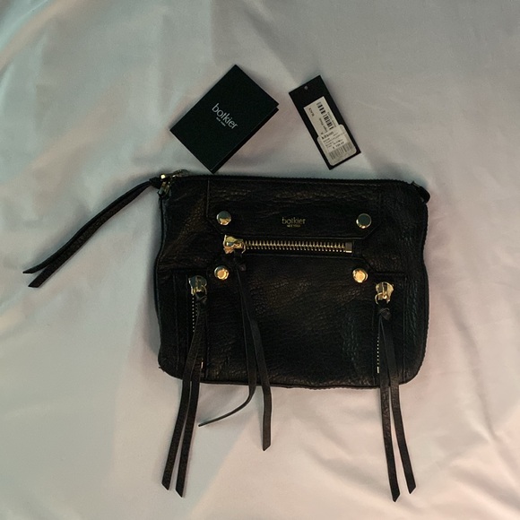 Botkier Black Pebbled Leather Bag Clutch Gold Accents LeatherTassels & Zippers - Picture 1 of 16